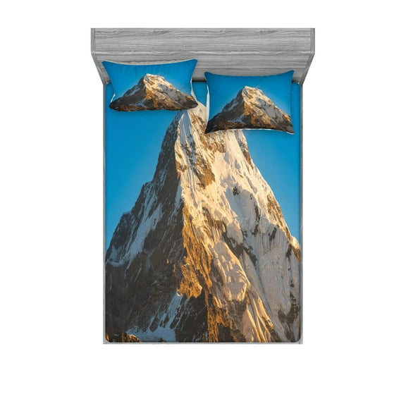 Ambesonne Nature Fitted Sheet & Pillow Sham Set, Himalaya Mountains, Full, Blue Brown