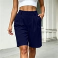 thumbnail image 4 of Puyaiuu Women Elastic High Waist Pleated Side Pocket Knee Length Bermuda Shorts Navy M Gift, 4 of 6