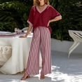 thumbnail image 6 of Bosfbaoi Two Piece Sets for Women V Neck Short Sleeve Top and Striped Wide Leg Pants Casual Womens Summer Outfits, 6 of 7