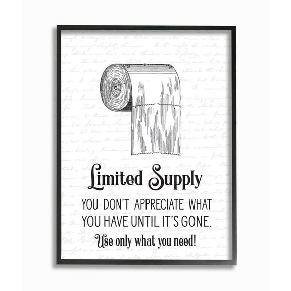 Stupell Industries Funny Limited Supply Bathroom Toilet Paper Home Quote Framed Wall Art Design by Lettered and Lined, 16" x 20", Black Framed