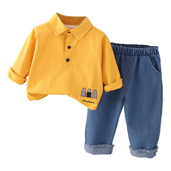 AherBiu Baby Boys Denim Sets 2 Piece Fall Outfits Half Zip up Pullover Tops with Cinch Bottom Jeans