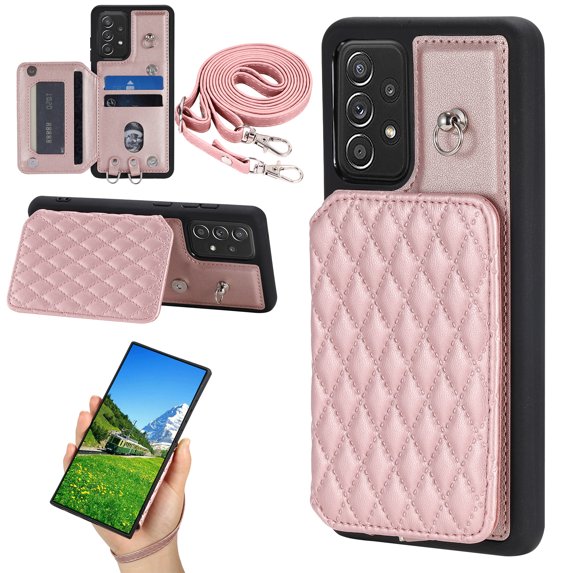 Case for Samsung Galaxy A52 4G/5G, Detachable Crossbody Strap Wallet Case with Card Slots, Stand Ring Flip PU Leather Protective Cover Lanyard for Women for Samsung Galaxy A52, Rosegold