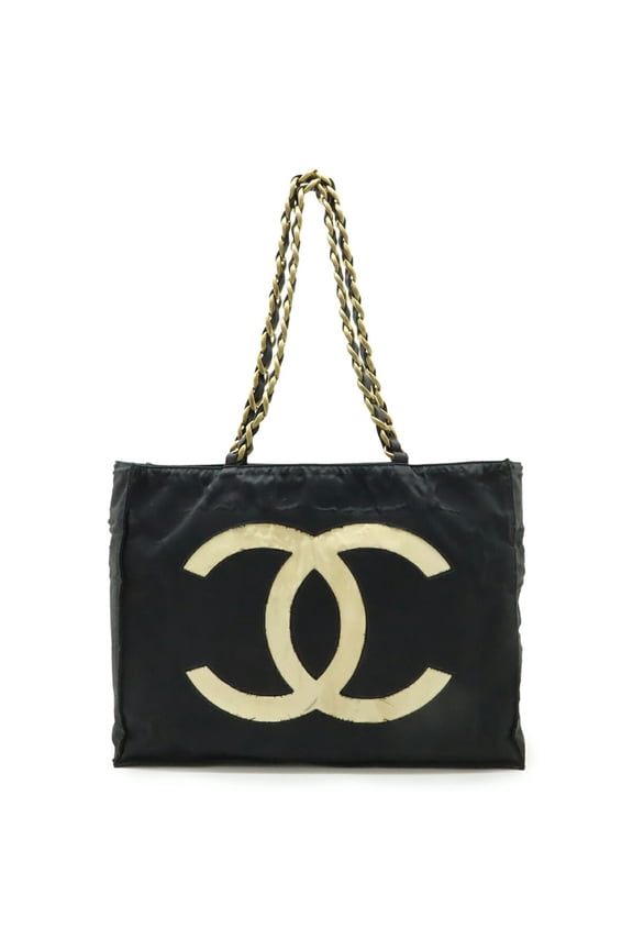 Pre-Owned CHANEL Coco Mark Chain Shoulder Big Tote Bag Nylon Black White (Fair)