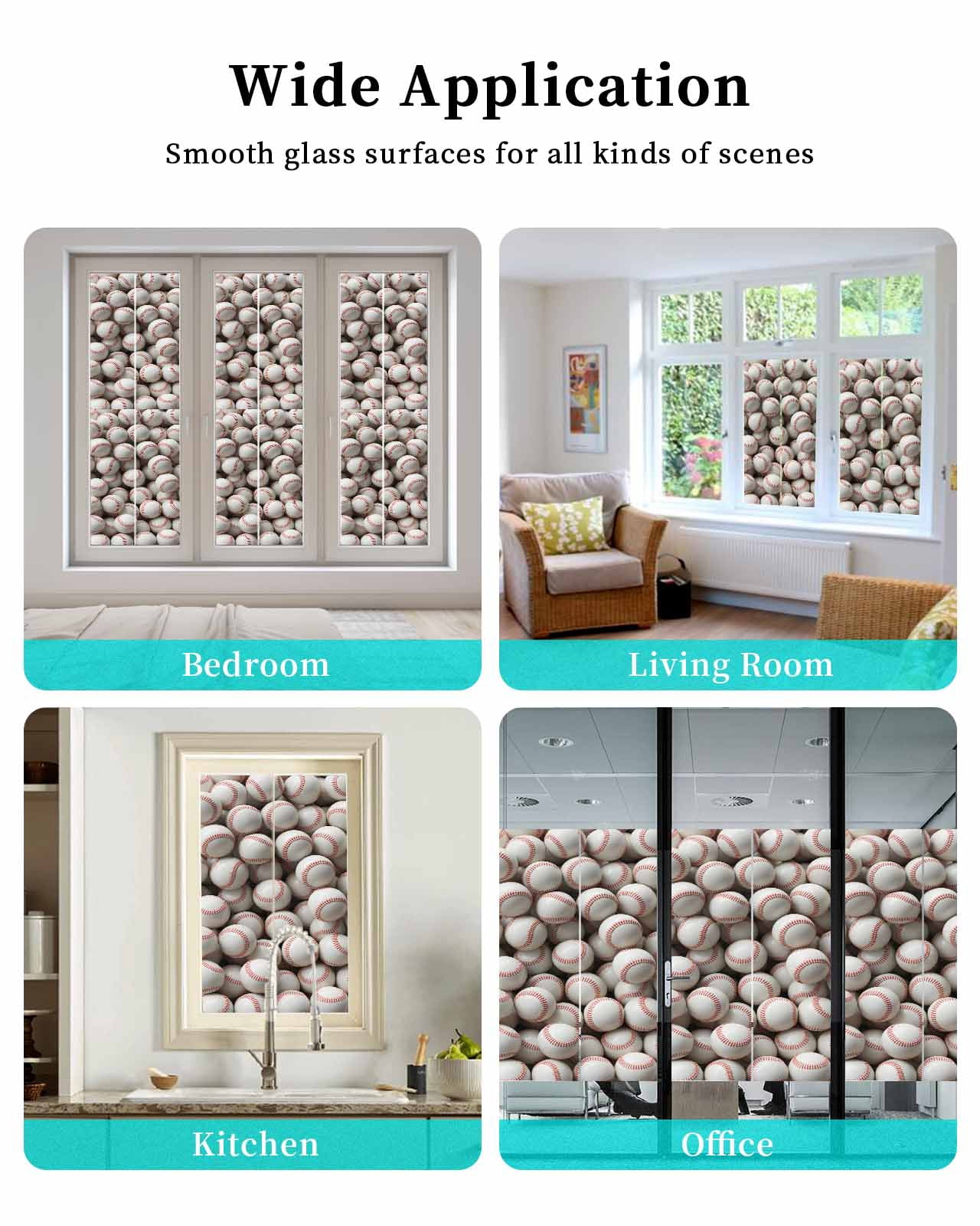 Baseball Window Privacy Film Stained Glass Window Film Decorative Windows Cover Static Windows Cling for Glass Door White Red Art Sport Stickers for Bathroom 23.6"x59"