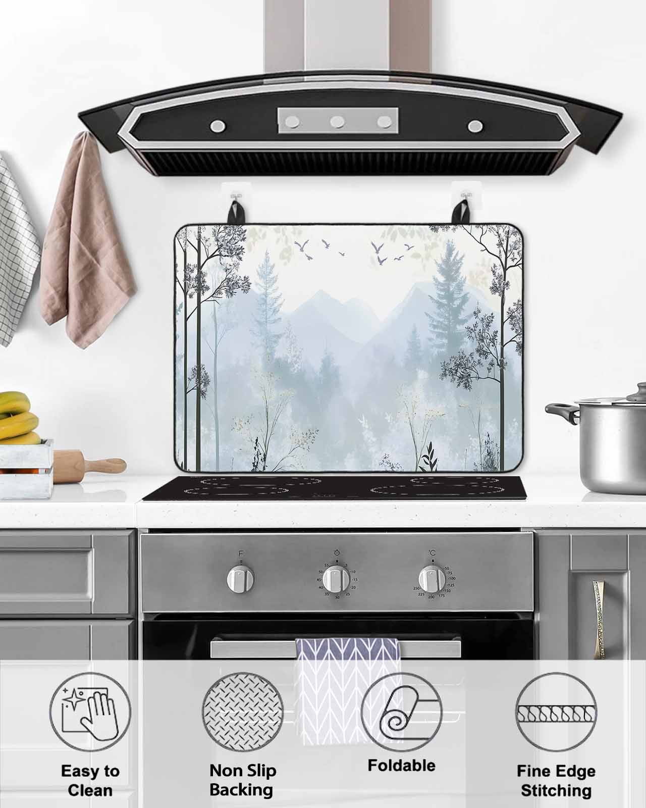 nqOlkjepod Large Induction Cooktop Protector Mat 24"x21", Foggy Forest Stove Top Covers for Electric Stove, Vintage Mountain Botanical Decorative Stove Burner Cover Mats, Glass Top Stove Cover