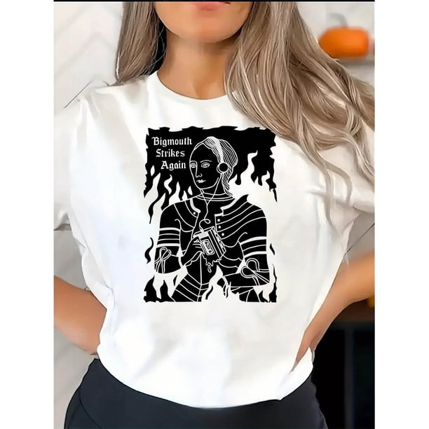 Women's Trendy Graphic Tee - Black Short Sleeve with "Bigfoot Strikes Again" Print, Casual & Comfortable Summer Top, Polyester Blend, Machine Washable, Casual Summer Top | Quirky Fashion Top | Knit T