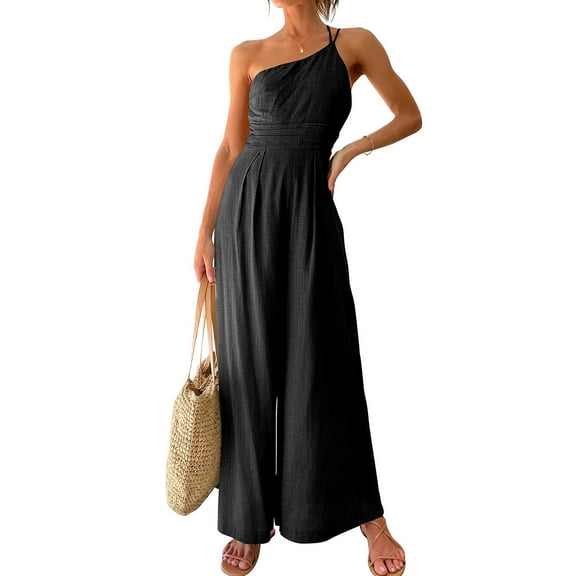Aayomet OnePiece Jumpsuits For Women Women Summer Straps Jumpsuit One Shoulder Pleated High Waist Jumpsuit Casual Wide Leg,Black XL