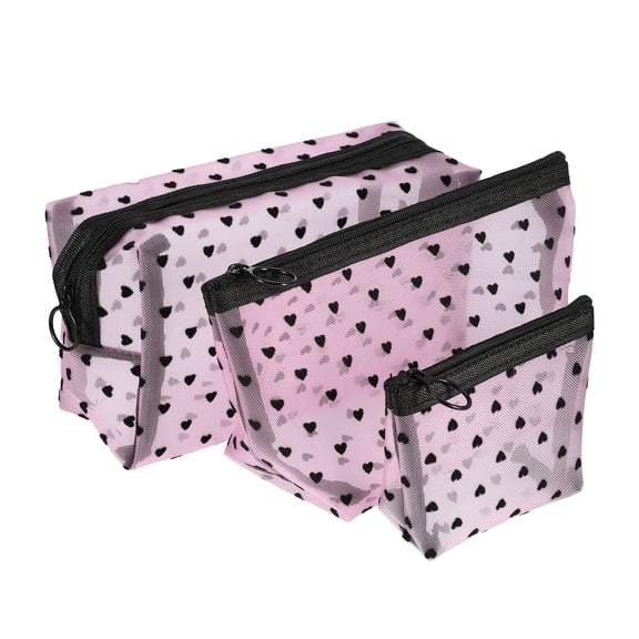Vocoste 3 Pcs Heart Shape Print Mesh Makeup Bag Clear Makeup Pouch Mesh Bags with Zipper for Women Pink