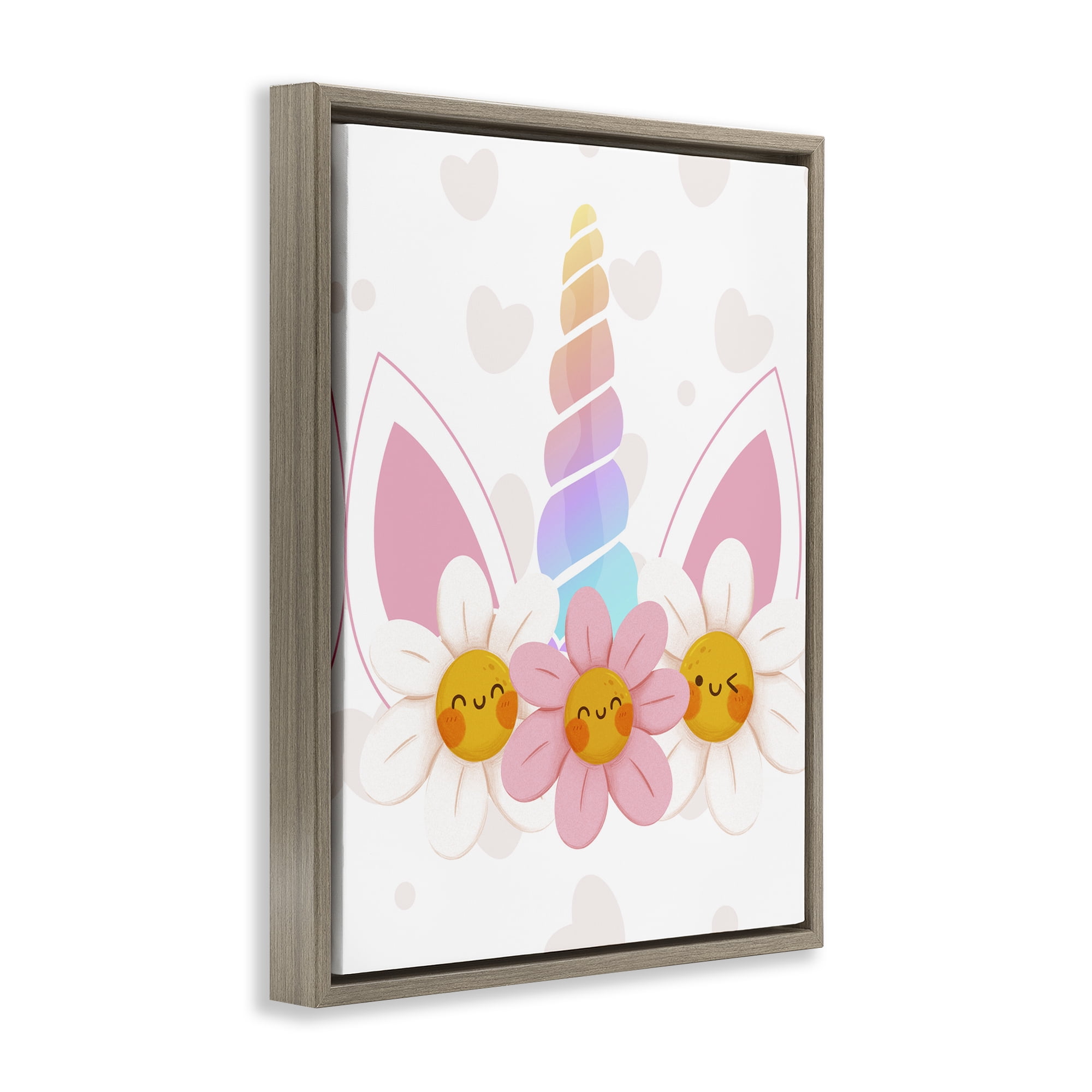 Daisy Unicorn with Hearts Brown Framed Floater Canvas Wall Art, design by Jesse Keith