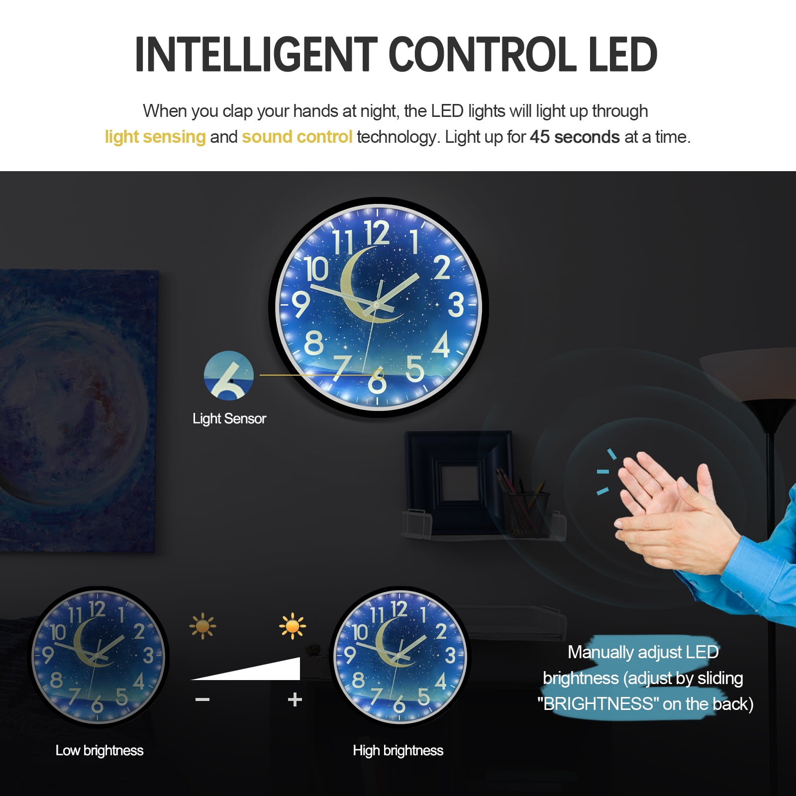 JoFomp Luminous Wall Clock, 12 inch LED Night Light Silent Clock, Glow in The Dark Moon and Starry Sky, Lighted Clock with Smart Sensor(White Light)