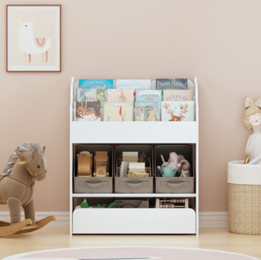 Kids Bookshelf with Storage Bins & Drawer, Wooden Book Organizer with 3 Fabric Bins, Front-Facing Bookcase & Toy Storage for Toddler Nursery, White