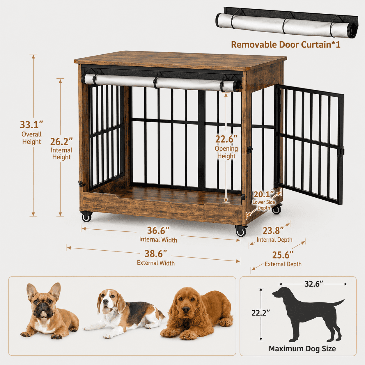 Aukfa 38.6-Inch Large Dog Crate Furniture, Indoor Dog Kennel Decorative Pet Cage End Table, Lift-Up Door, Curtain & Wheels,Rustic Brown