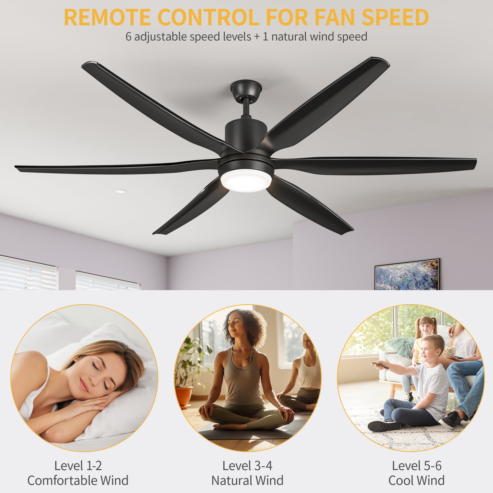 Dextrus Modern 66" 6-Blade Ceiling Fan with LED Light, 6-Speed Reversible Outdoor Ceiling Fan for Patio, Quiet DC Motor, App & Remote Control (Black)
