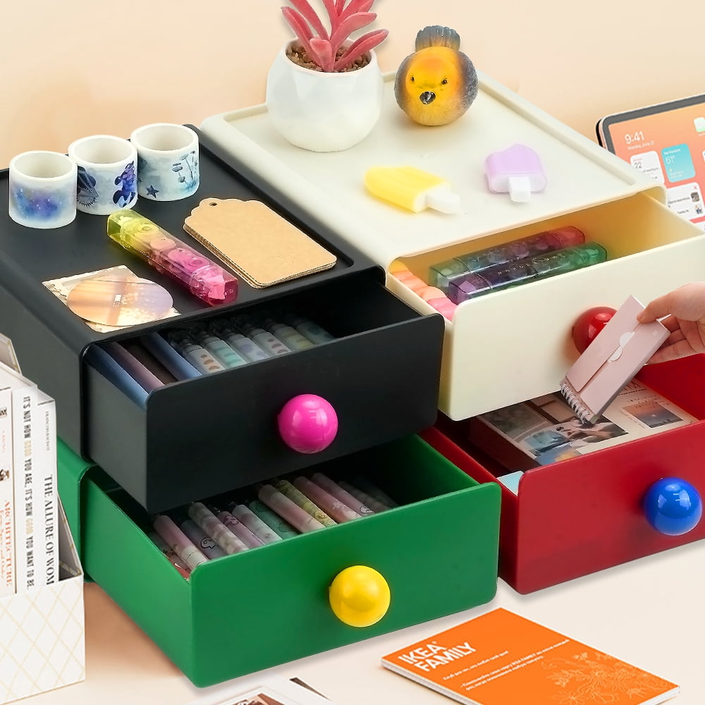 4Pcs Colorful Desk Organizer, Stackable Desktop Storage Box with Drawer, Large Desk Drawer Organizer with Cute Handle, Plastic Makeup Storage Drawer, Desk Organizer and Accessories for Home Office