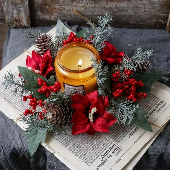 PLJFXXM Artificial Candle Wreath for Table Centerpieces Table Accent Snow Flocked Candle Rings for Christmas Candle Centerpieces Pine Branches, Red Berries, Pinecones Pillars Candle Rings