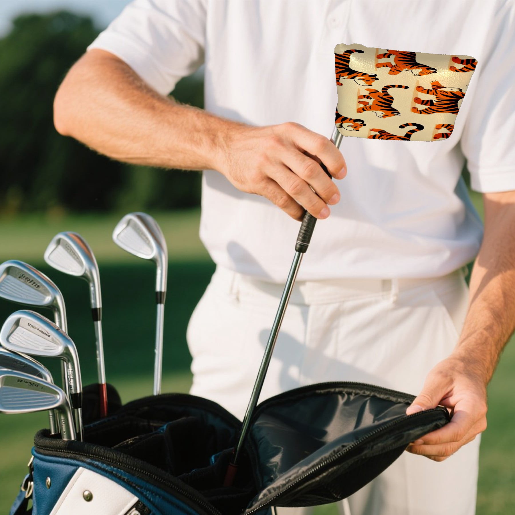 Putter Cover, Golf Club Headcovers LightBeige Tiger Premium PU Leather with Velvet Lining, Waterproof Putter Head Cover for Men Women (5.1"x5.5")