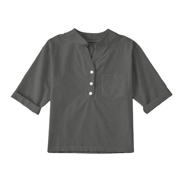 Xuewenshw Linen Shirts For Girl 3/4 Sleeve V Neck Blouses Buttons Loose Fit T Shirts Solid Color Summer Holiday Tops Girl Ruffle Outfits