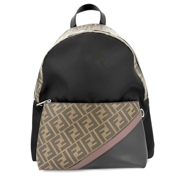 Pre-Owned Fendi Men's Zucca Backpack FENDI 7VZ042 Nylon Leather Brown Black Silver Hardware