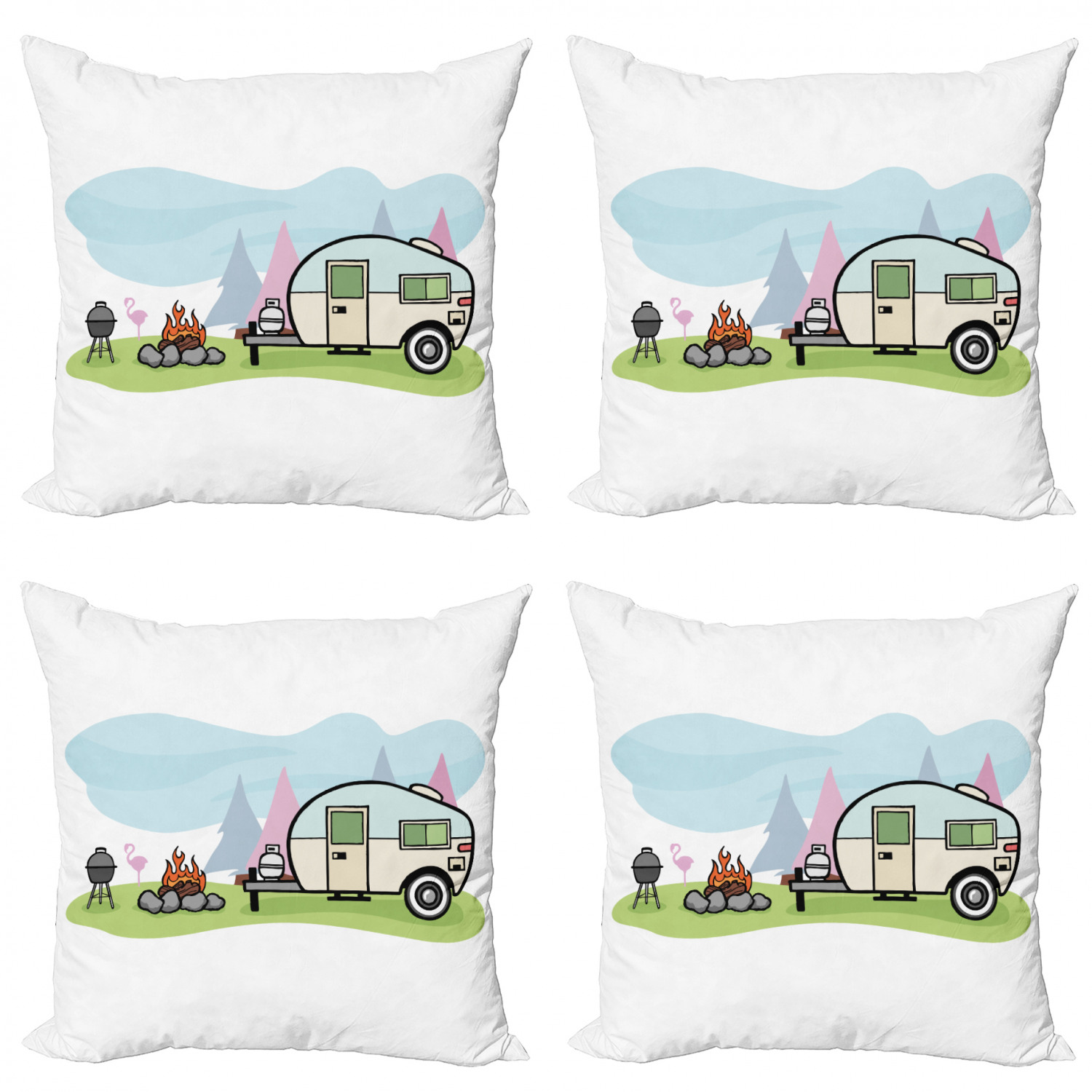 Travel Throw Pillow Cushion Case Pack of 4, Cartoon Style Design of a