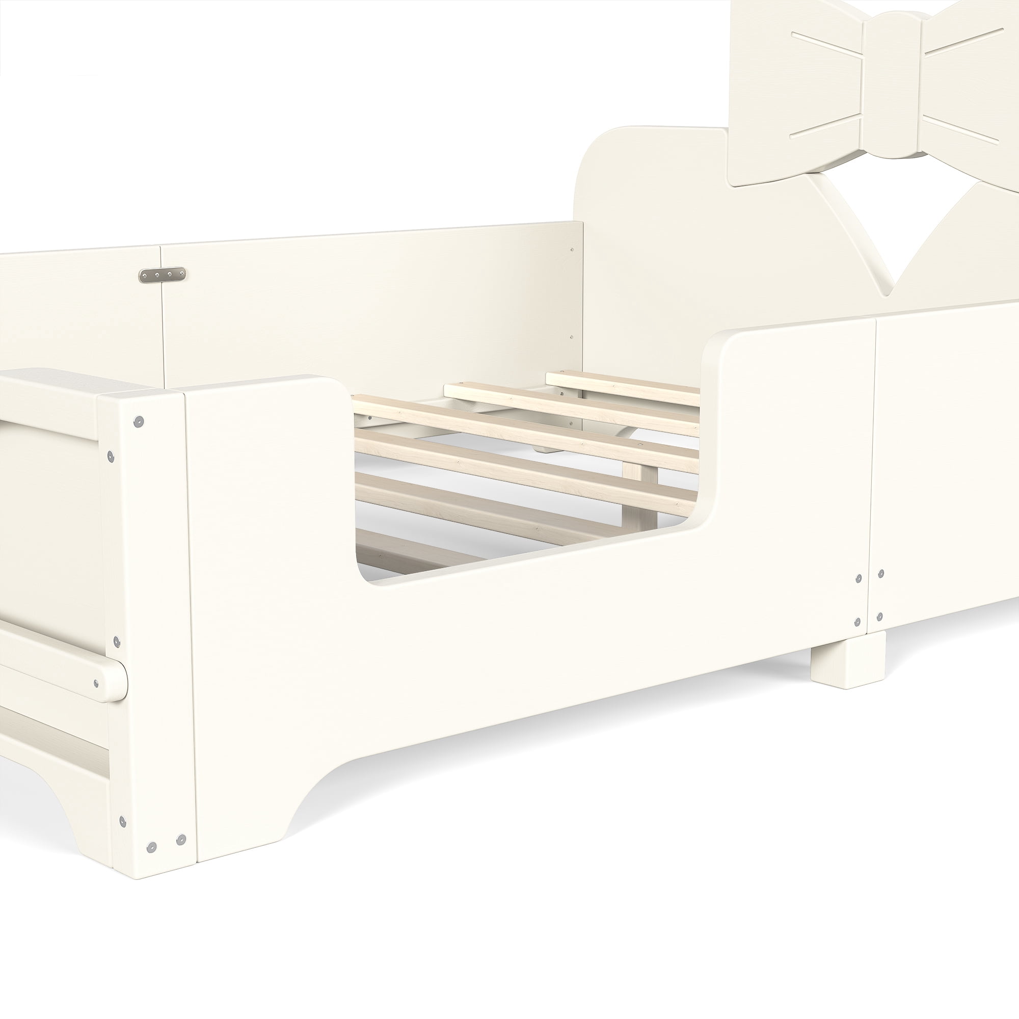 HOQBN Full Size Kids Platform Bed with Surround Guardrails, Cute Bowknot Shaped Headboard & Built-in Side Bookshelf, Wood Finish Floor Bed Beige