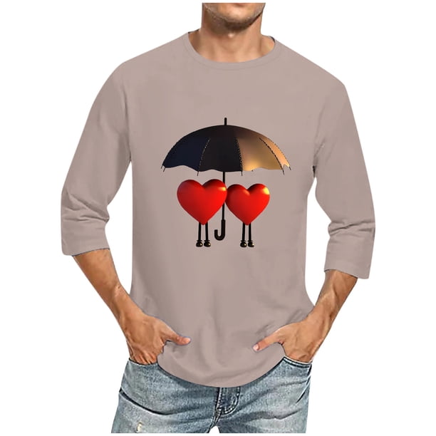 Camisas de Manga Larga para los Hombres Día de San Valentín Impresión Cuello Redondo Moda Casual, Mezcla de Poliéster de Lino de Algodón para Primavera Verano
