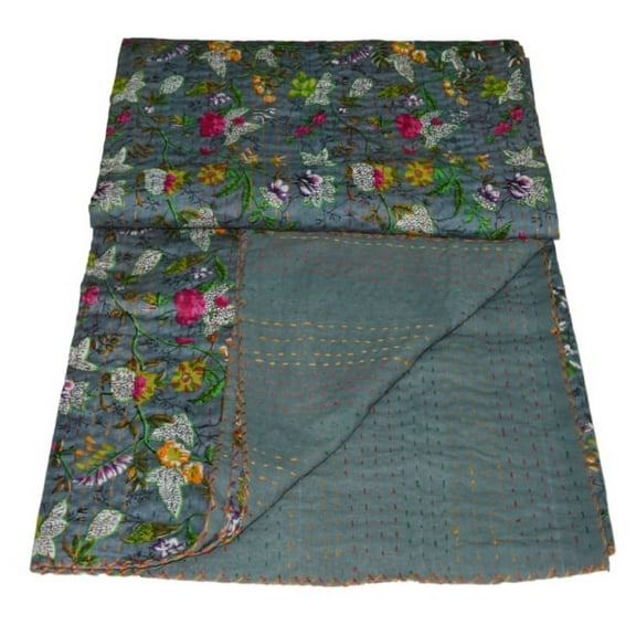 indian cotton kantha quilt Bedding throw sofa coverlet bedspread paradise print single size Handmade vintage blanket, 60 X 90 Inches