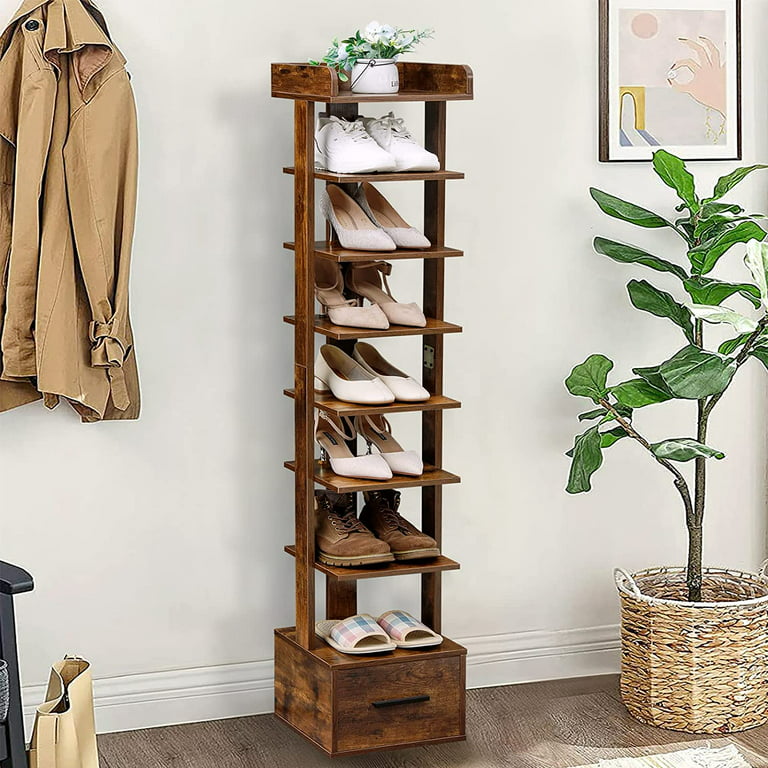 Yodudm 8 Tiers Vertical Shoe Rack, Wooden Narrow Shoe Tower with Bottom  Drawer, Tall Shoe Rack Organizer, Space Saving Shoe Storage Shelf Stand for  Small Space, Entryway, Rustic Brown 