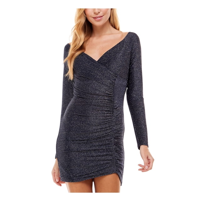 CRYSTAL DOLLS Robe Moulante de Fête Mini à Manches Longues Argentée Pailletée avec Fermeture Éclair et Encolure Cache-Cœur pour Femmes Taille 7