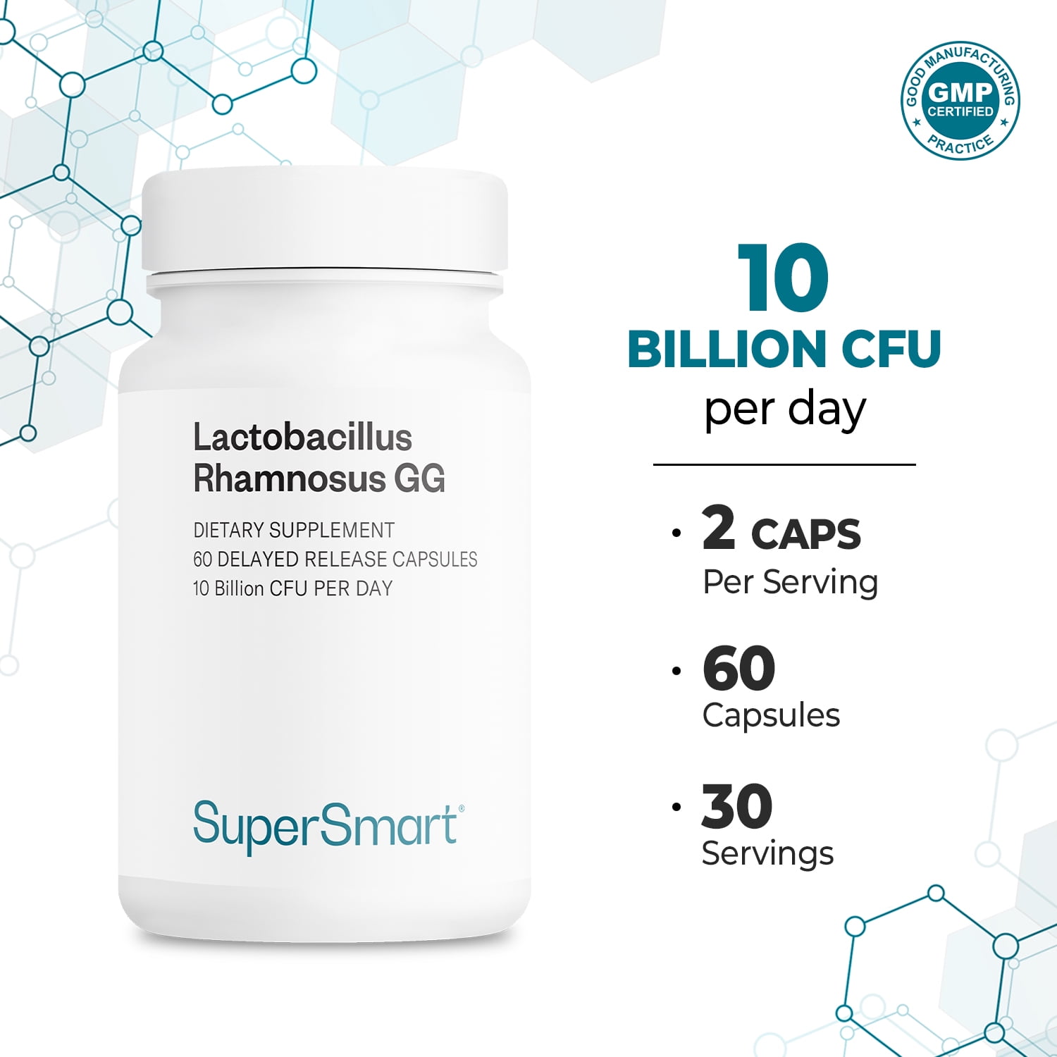 SuperSmart Lactobacillus Rhamnosus GG 10 Billion CFU per Day (LGG Probiotic with Inulin) - L. Rhamnosus Supplement | Non-GMO & Gluten Free - 60 DR Capsules