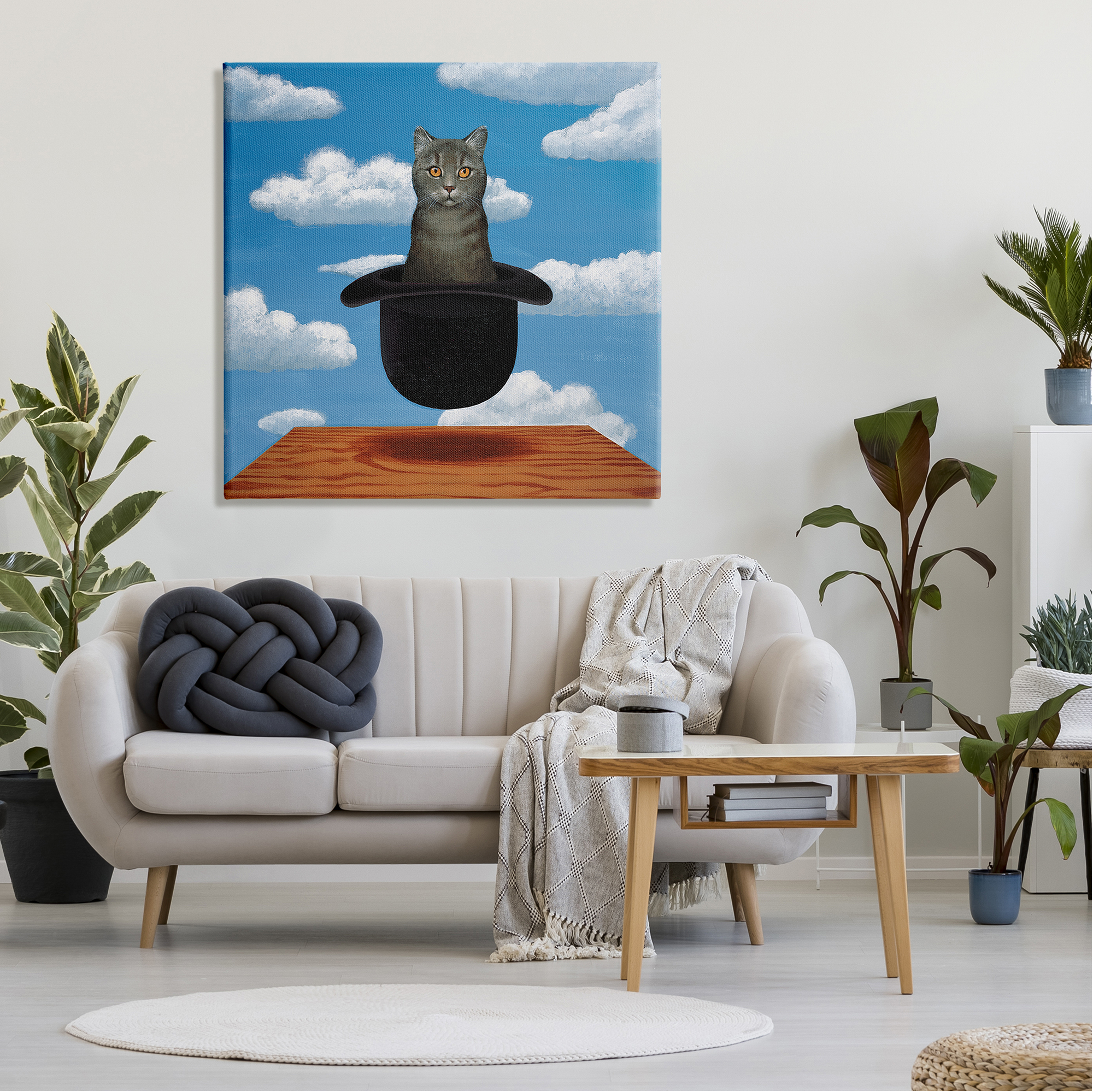 Surreal Grey Cat Floating Hat Cloudy Sky Animals & Insects Painting Gallery-Wrapped Canvas Print Wall Art
