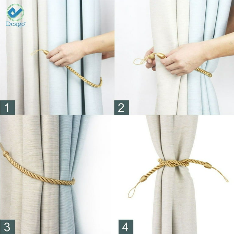 Deago 2 Pairs Curtain Ropes Tiebacks Decorative Handmade Tie Backs Curtain Holdbacks Holders Cord with 4 Metal Screw Hooks for Window Sheer Drapes
