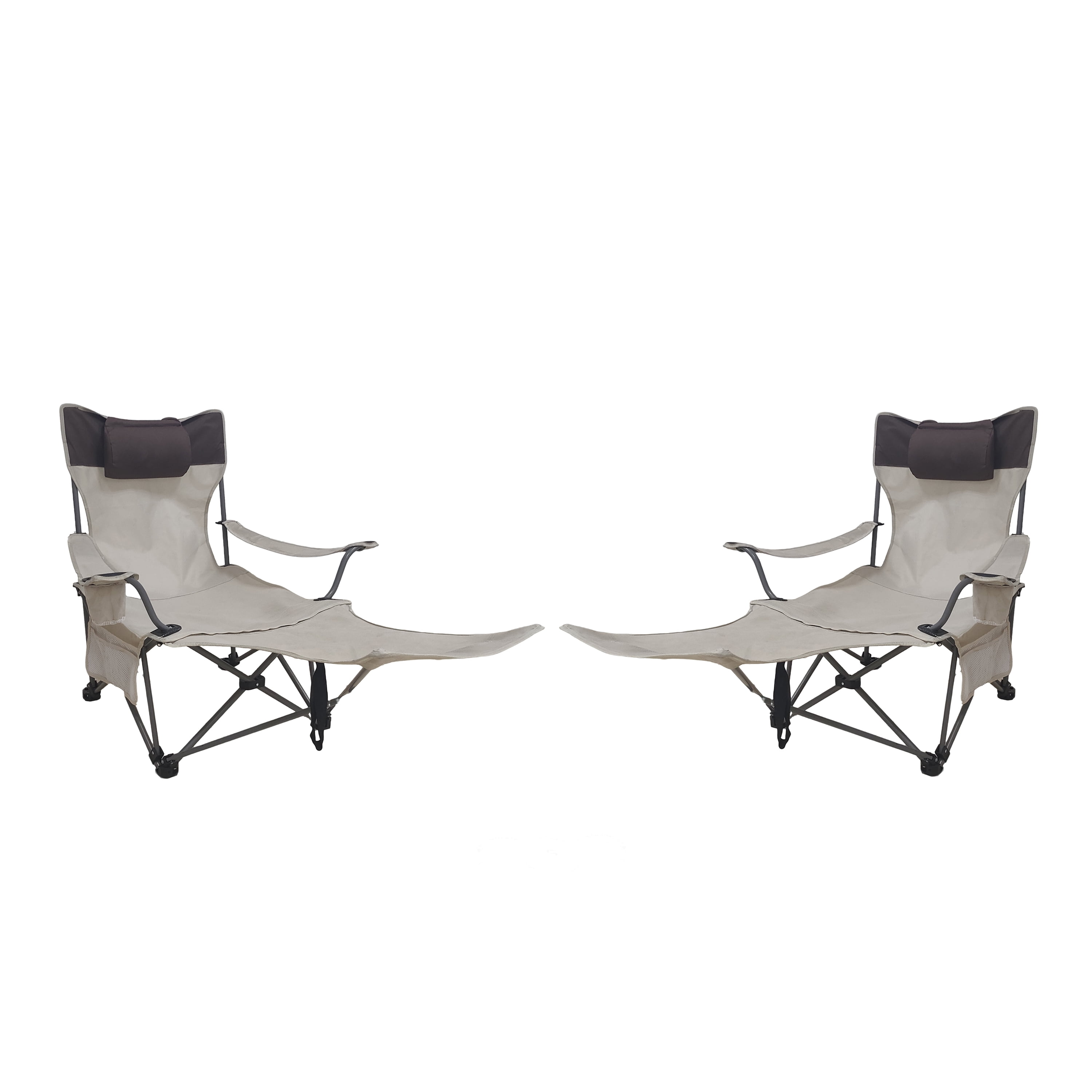 Set of 2 Folding Camping Chairs with Adjustable Recline and Cup Holder, Portable Outdoor Lounge Chairs and Beach Seats with Side Pockets, Beige