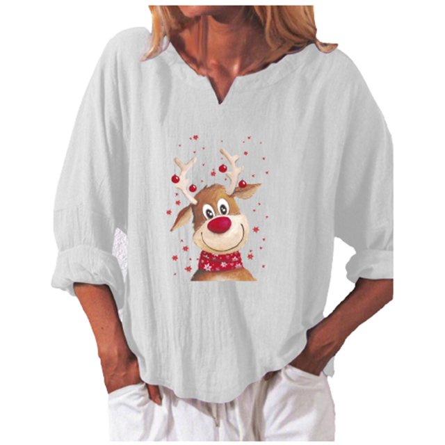 Camiseta de manga larga suelta de algodón informal con estampado navideño con cuello en V para mujer Pompotops gfhjh5852