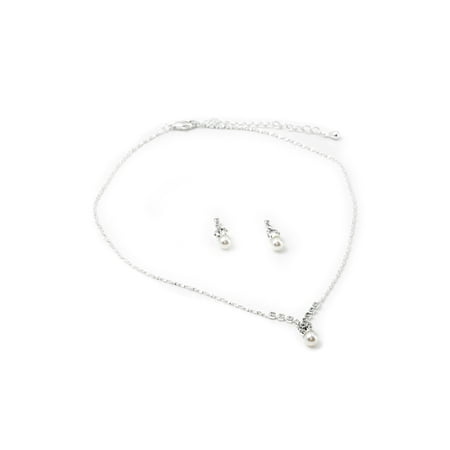- Silver Crystal Rhinestone Pearl Drop with Silver Ends Dangle Earrings & White Pearl Center Piece Necklace Jewelry Set