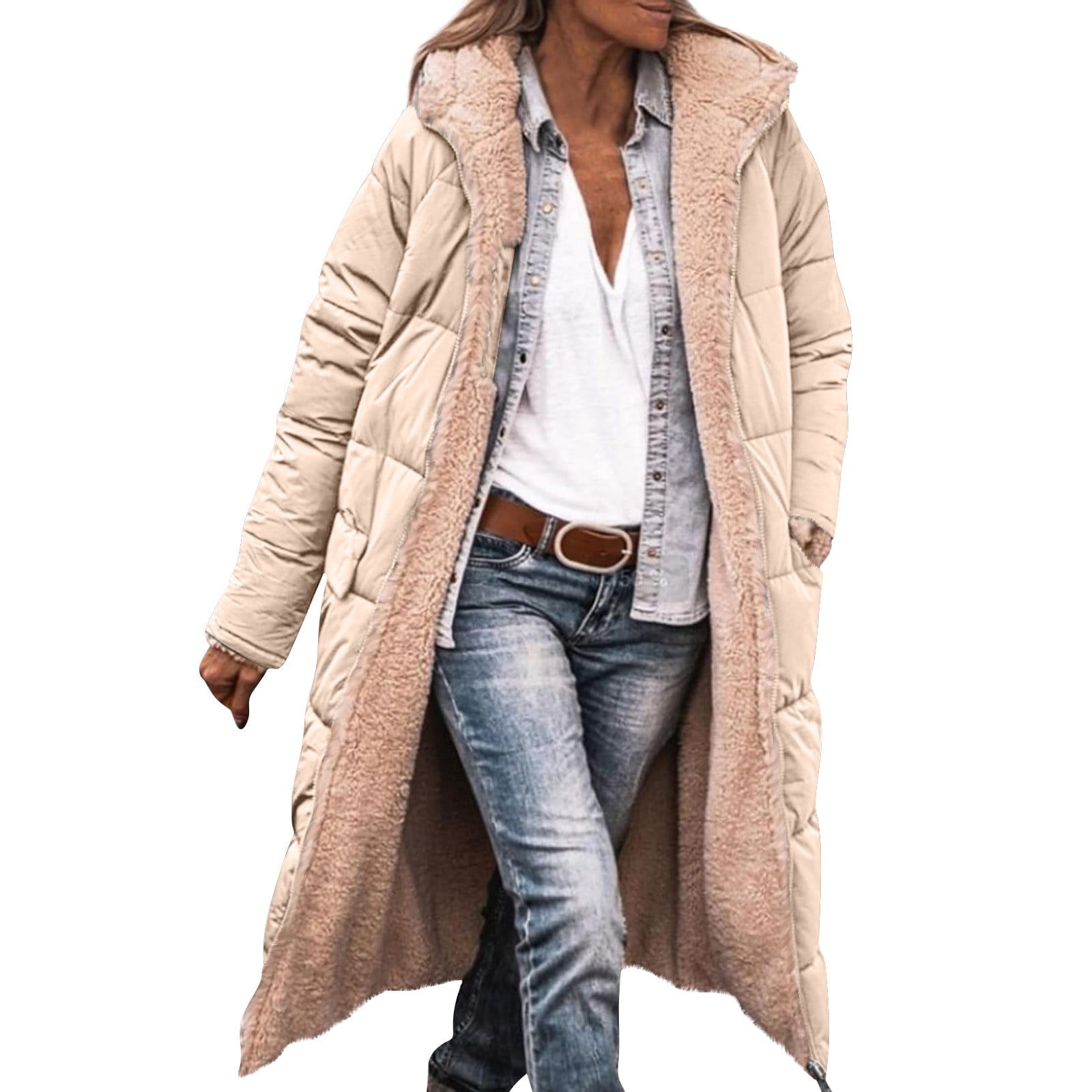 Fleece Jacket Women Long Puffer Coat Women Oversized Reversible Jackets Shearling Hooded Winter Fashion Coat Clothes Beige M