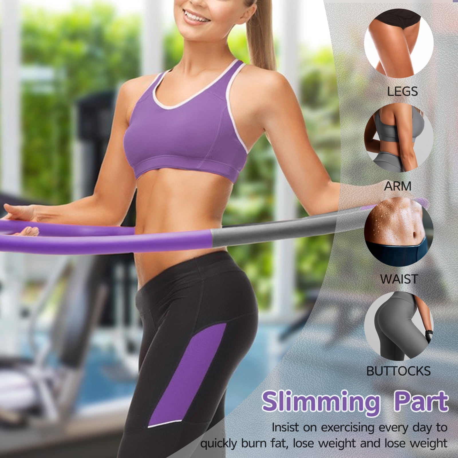 Purple Workout Training 8 Sections Detachable Portable Soft Hoops for Weight Loss Weighted Hula Hoop for Adults 