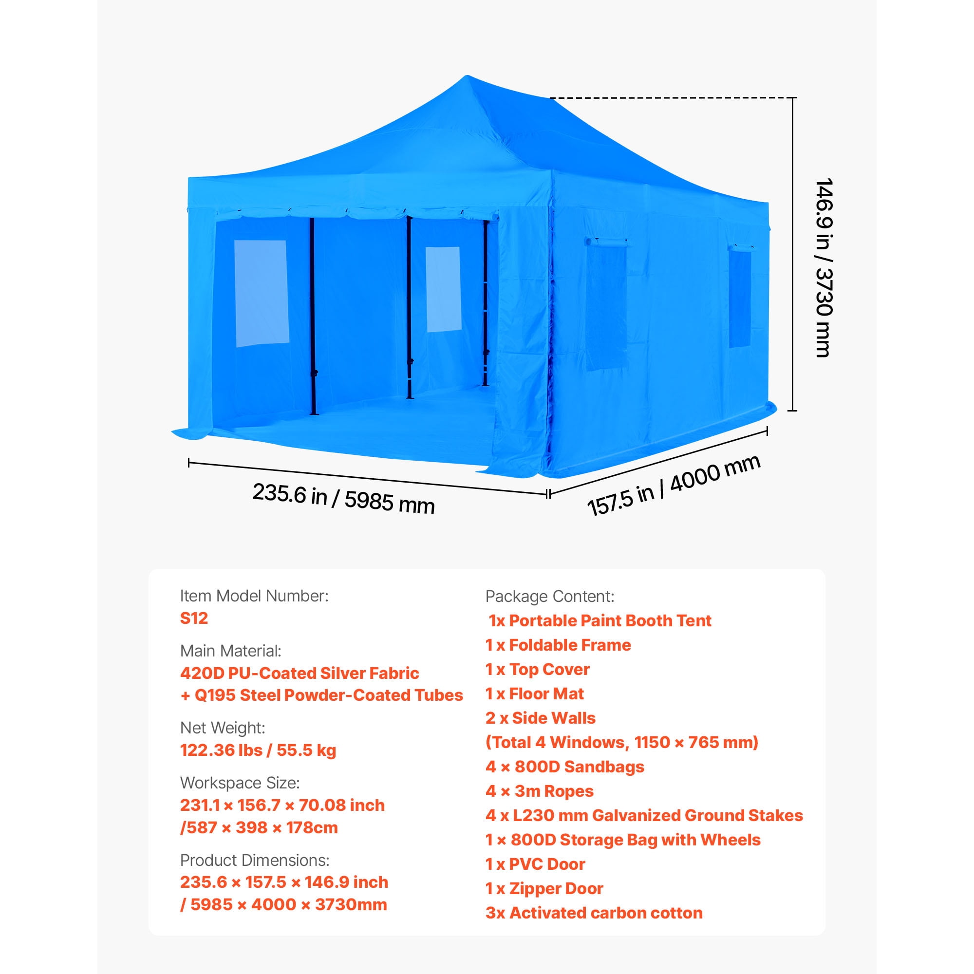 KFFKFF Portable Paint Booth Tent, 231.1 x 156.7 x 70.08 inch Spray Tent with Waterproof Material, Foldable Frame, and 4 Mesh Side Windows for Painting Auto Parts, Furniture, and Cars
