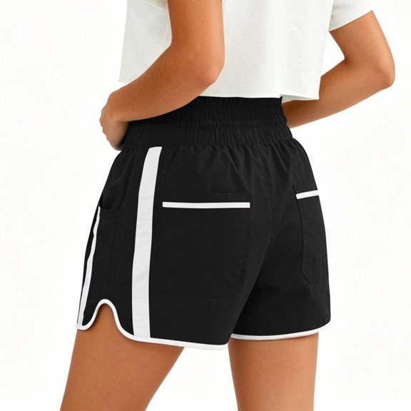 Costeam Womens High Waisted Athletic Shorts Drawstring Casual with Side Pockets Elastic Waist Side Stripe Dolphin Hem Workout Running Short Pants Lightweight Quick Dry Lounge Shorts