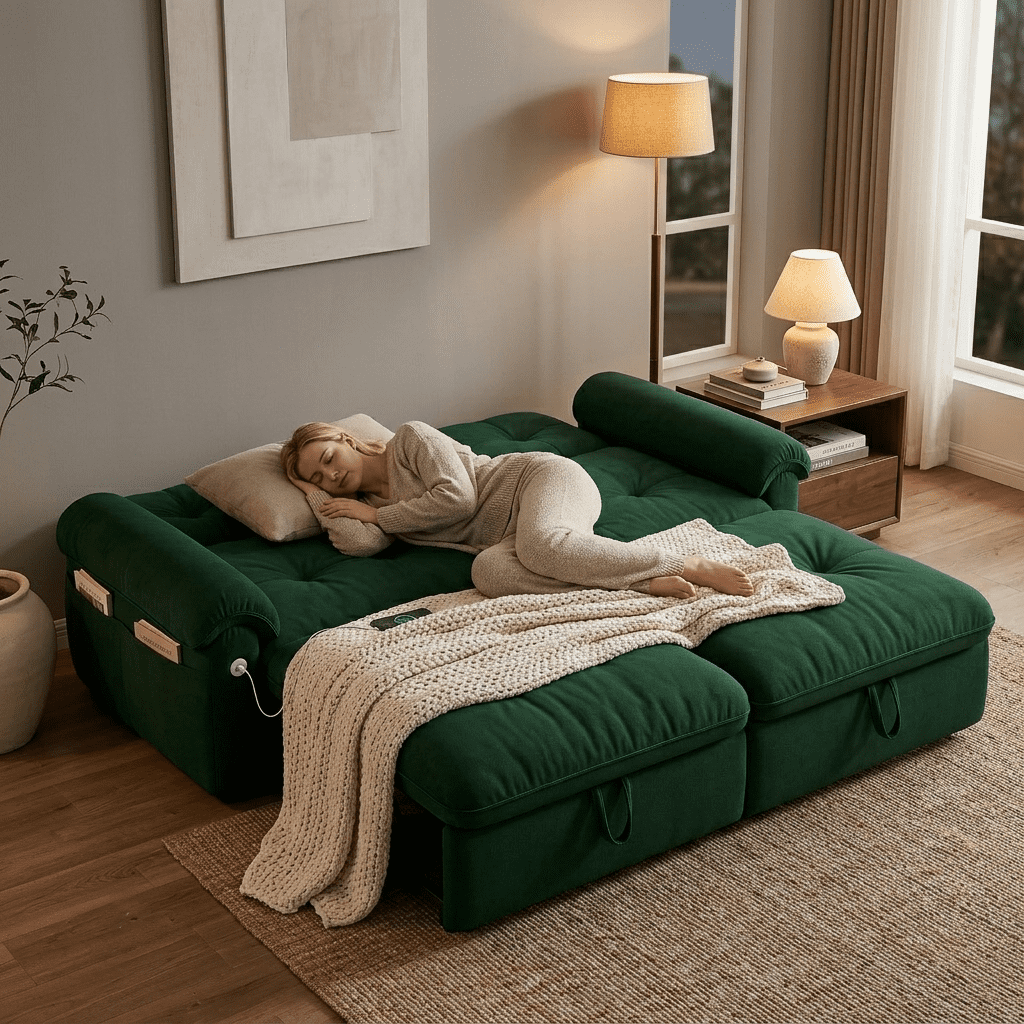 AISWORD 77"W Convertible Sleeper Sofa Bed,Velvet Pull-Out Loveseat Sofa Couch with USB Charging Port & Side Pockets,Modern Living Room Furniture for Small Spaces,Green