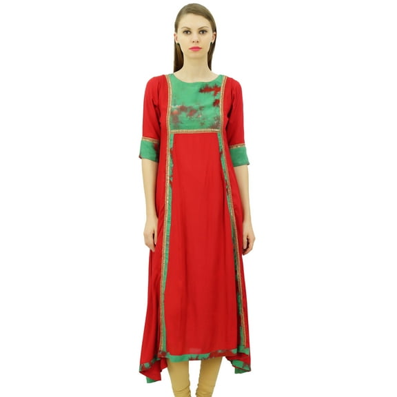 Bimba Women's Solid A-Line Rayon Kurti Kurta Asymmetrical Hem Designer Lace Tunic