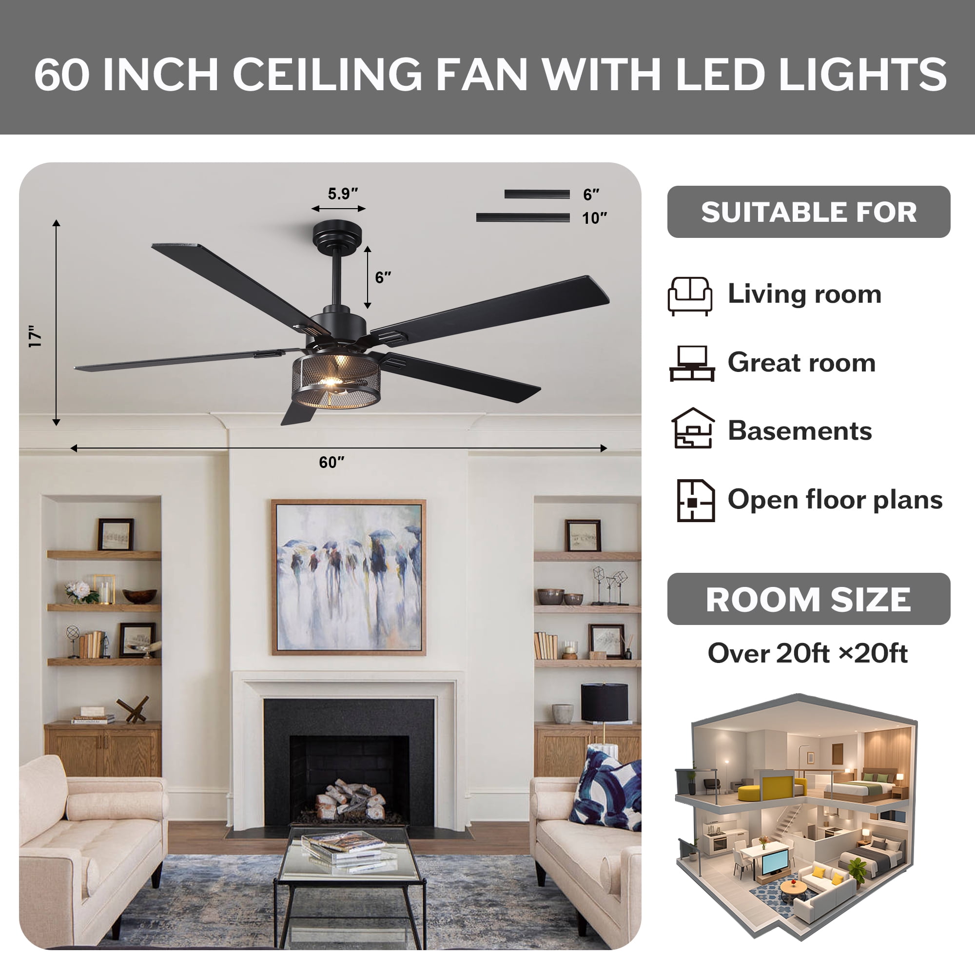 60" Industrial Large Black Smart Ceiling Fan with Dimmable LED Light and Remote