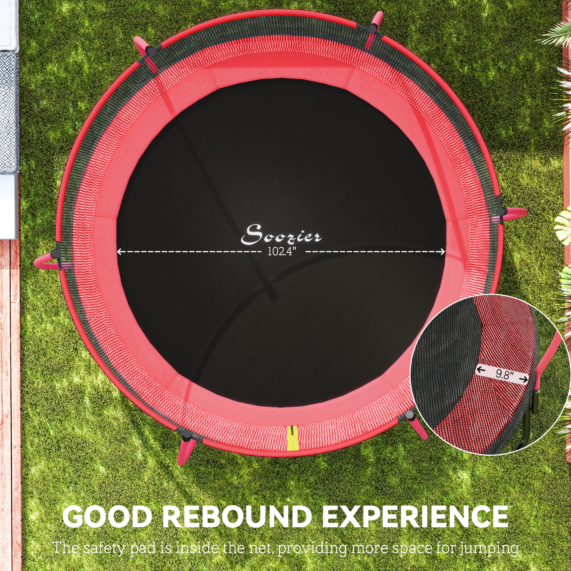 Soozier 10ft Outdoor Trampoline with Net Enclosure, Curved Poles and Safety Spring Cover,  Red