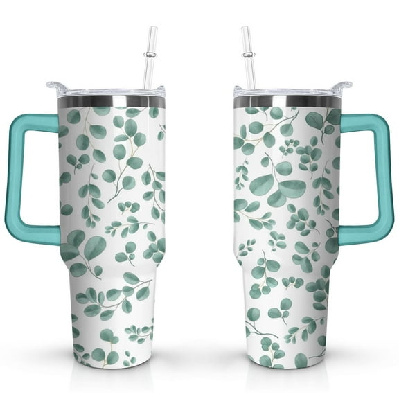 40oz Leaves Multicolored Flower Tumbler with Handle Lid and Straw,Colorful Floral Vintage Tumblers Gifts for Women Girls Men Adults(Greenish-blue)