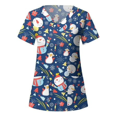 

Christmas Women Scrubs Top Nurses Clothing Working Uniform Top Care Workwears Short Sleeve V-Neck Cartoon Printed Top Fashion T-Shirts