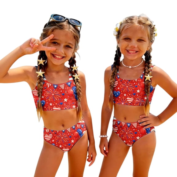 Grblisyd 4th of July Girls Swimsuit Red White and Blue Casual Swimwear 2 Piece Bathing Suit Cute Scoop Neck Swimsuits for Girls 6Y