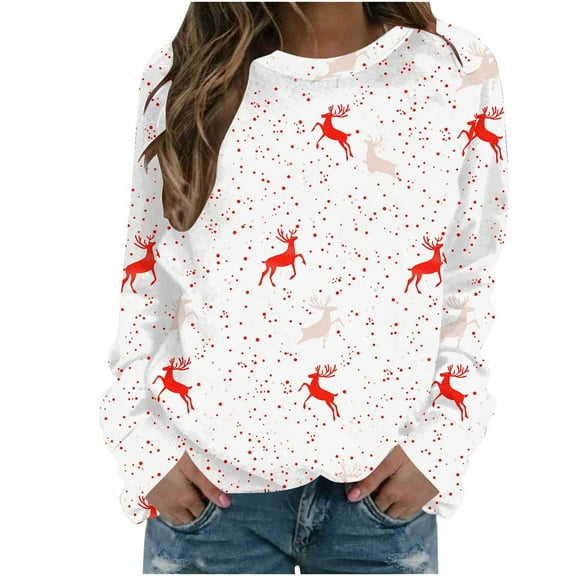 asdoklhq Christmas Cotton Sweaters for Women Long Sleeve Hoodless Christmas Printed Casual Warm Sweatshirt Multicolor S