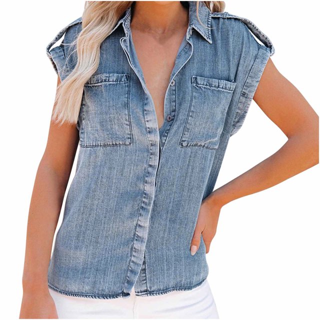 Moda Mujer Causal Blusa sólida Cuello vuelto Camiseta sin mangas Verano Botón Bolsillos Tops Fridja ghk7399