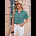thumbnail image 7 of Mawalde Womens Solid Color Button Down Shirt Summer Loose Fit Short Sleeved Cozy Chiffon Shirt Dark Green XL, 7 of 7