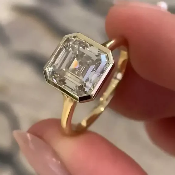 5 Ct Asscher Cut Moissanite Bezel Set Engagement Ring 18K Yellow Gold Vermeil