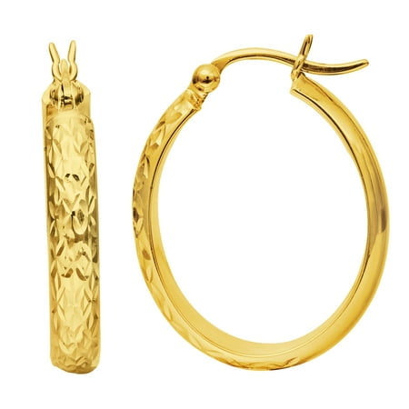 Polished Hammered Oval Earrings - 14K Yellow Gold Hammered Polished Oval Hoop Earrings